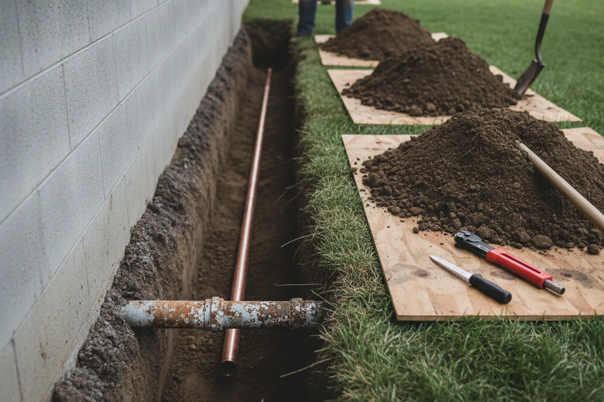 Excavated water line trench during Water Heater Repair in Galesburg